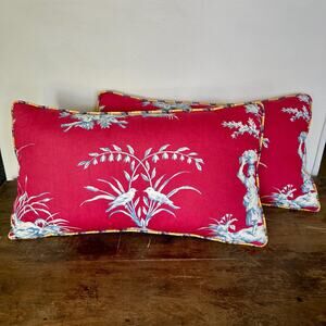 Vintage French Toile Ticking Pillows Pair Two-Sided Custom Red Blue Yellow